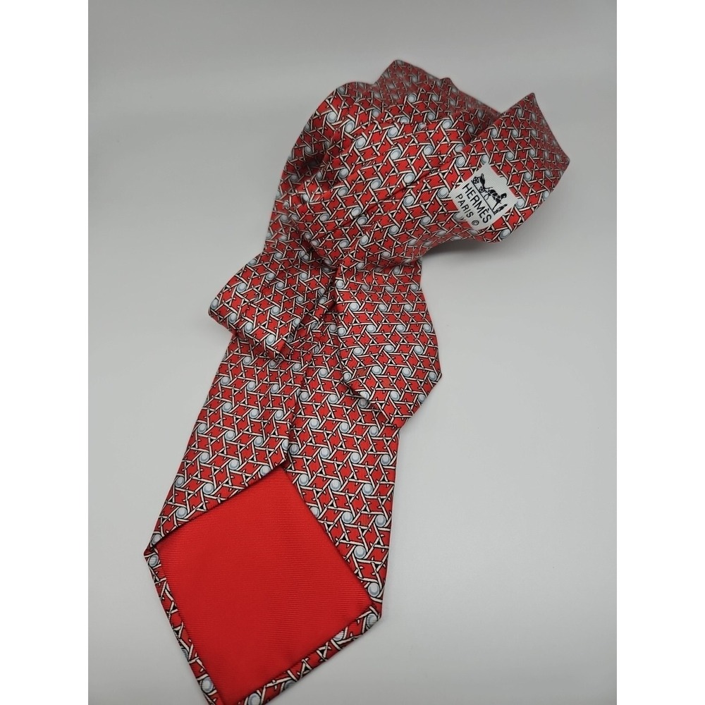Rare Hermes Tie 7882 MA, Geometric On Red, 100% Silk,